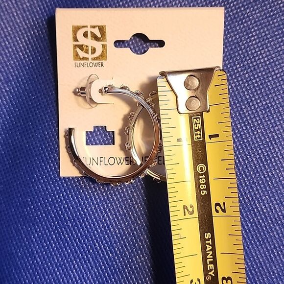 Silver Toned Studded Hoop Earrings With Faux Rhinestones - Picture 2 of 4